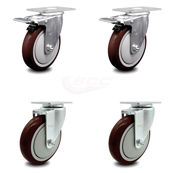 5 Inch Maroon Polyurethane Wheel Swivel Top Plate Caster Total Lock Brakes, 2PK